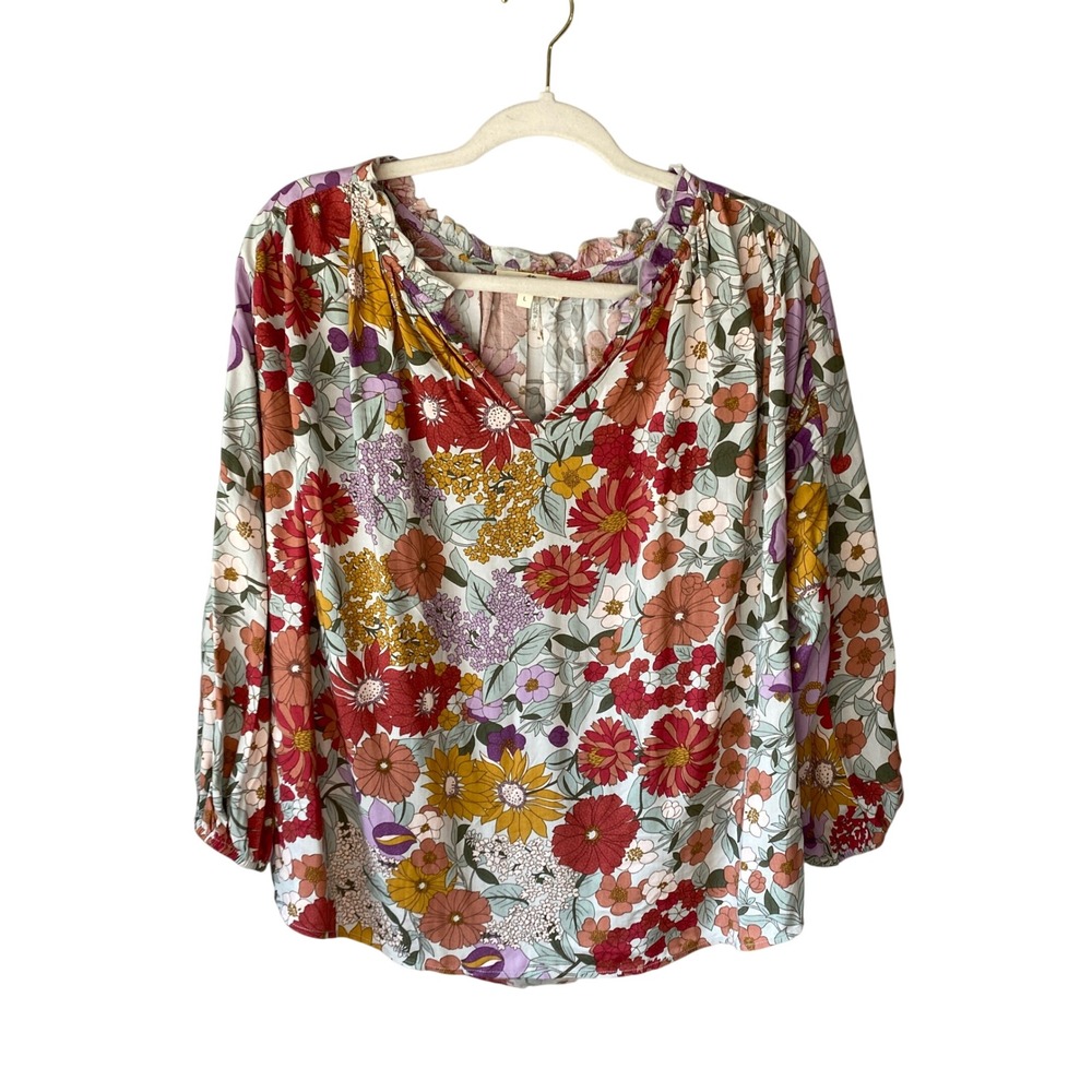 Entro Womens‎ Floral Ruffle V-Neck Long Sleeve Boho Blouse Multicolor Size L